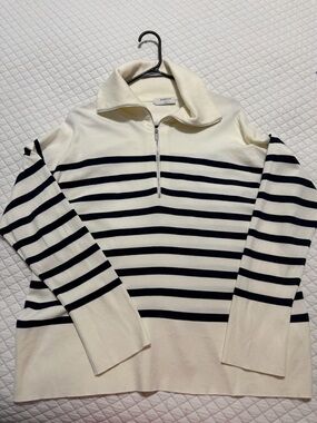 Aritzia Babaton Overseas Striped Quarter-Zip Sweater Cream Navy Small